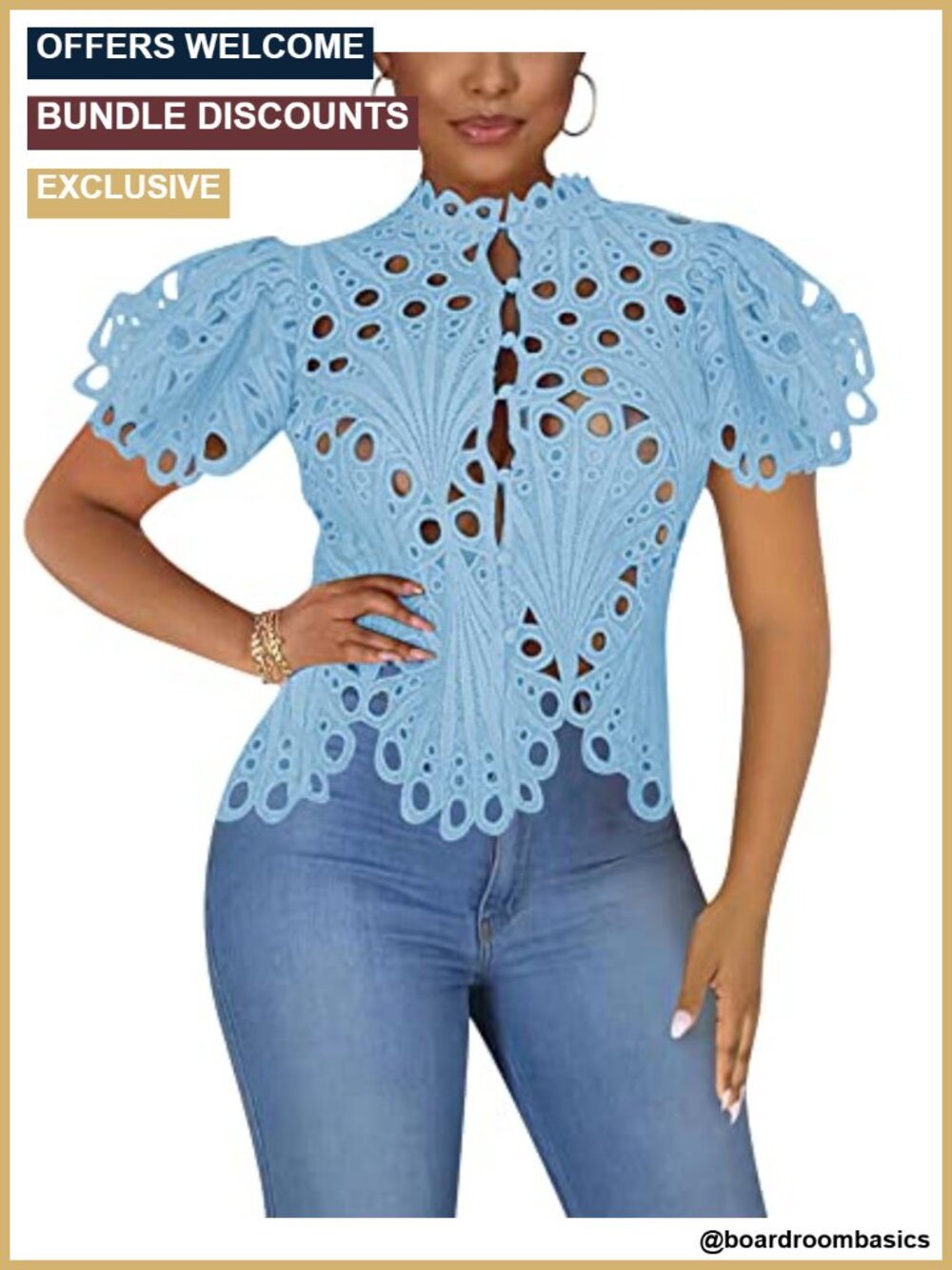 Lace Ruffle Puff Long Sleeve Button Down Tunic Top